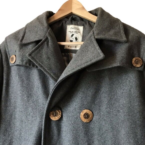 Vintage Recycled Women L Wool Blend Peacoat With Wood Buttons & Satin Lining - Picture 3 of 7
